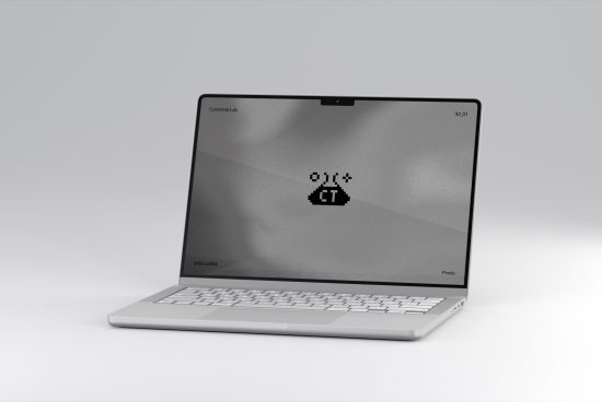 Modern laptop mockup in a minimalistic setting displaying a pixelated cursor icon on screen, ideal for showcasing digital designs.